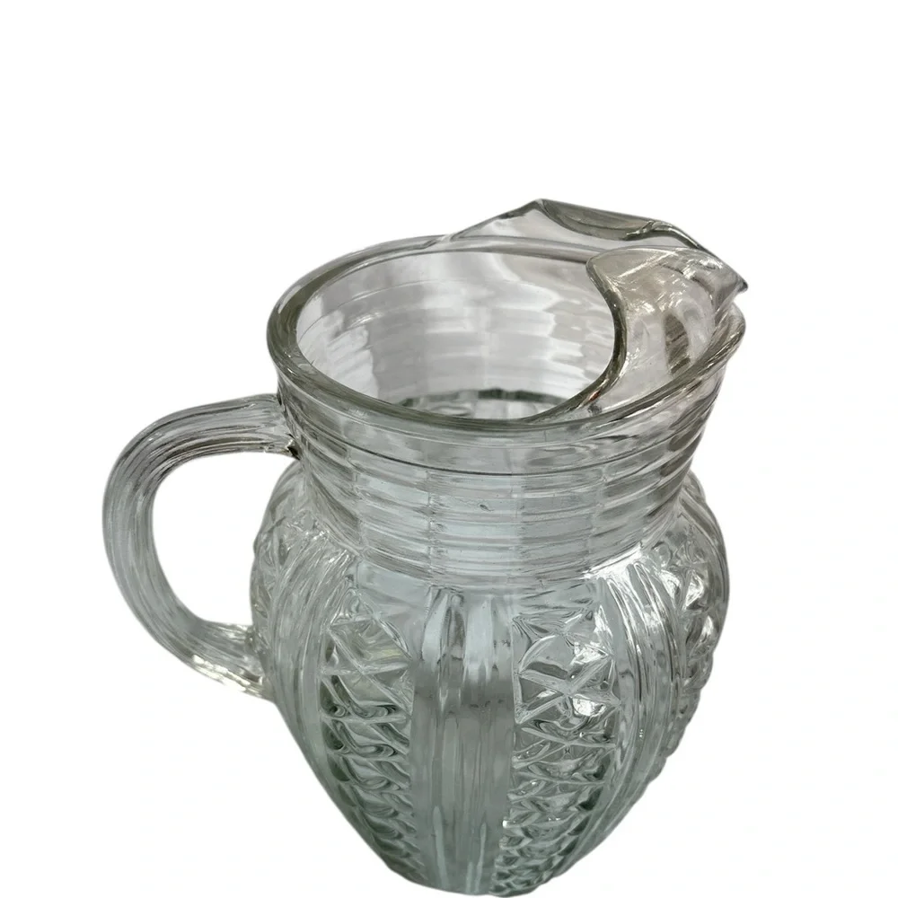 VINTAGE Pitcher Jug MCM Elegant Clear Glass Diamond Pattern Large 9 inch Tall